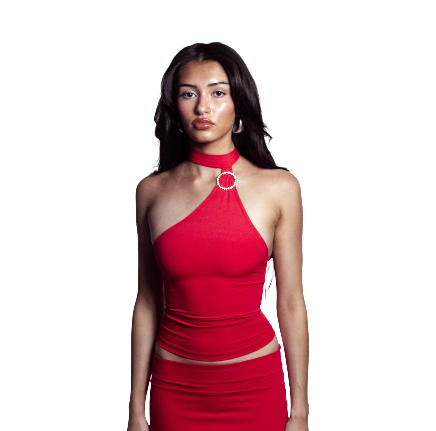 front view of barbados red self-tieing asymetrical top with circle brooch