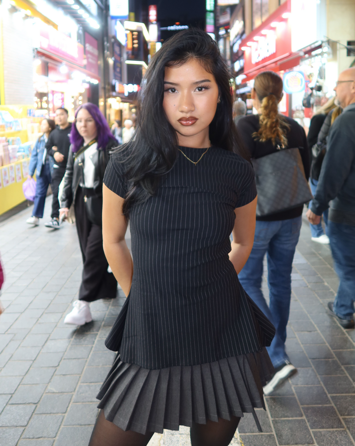 Front view of pinstripe self tie, open back, handmade top.