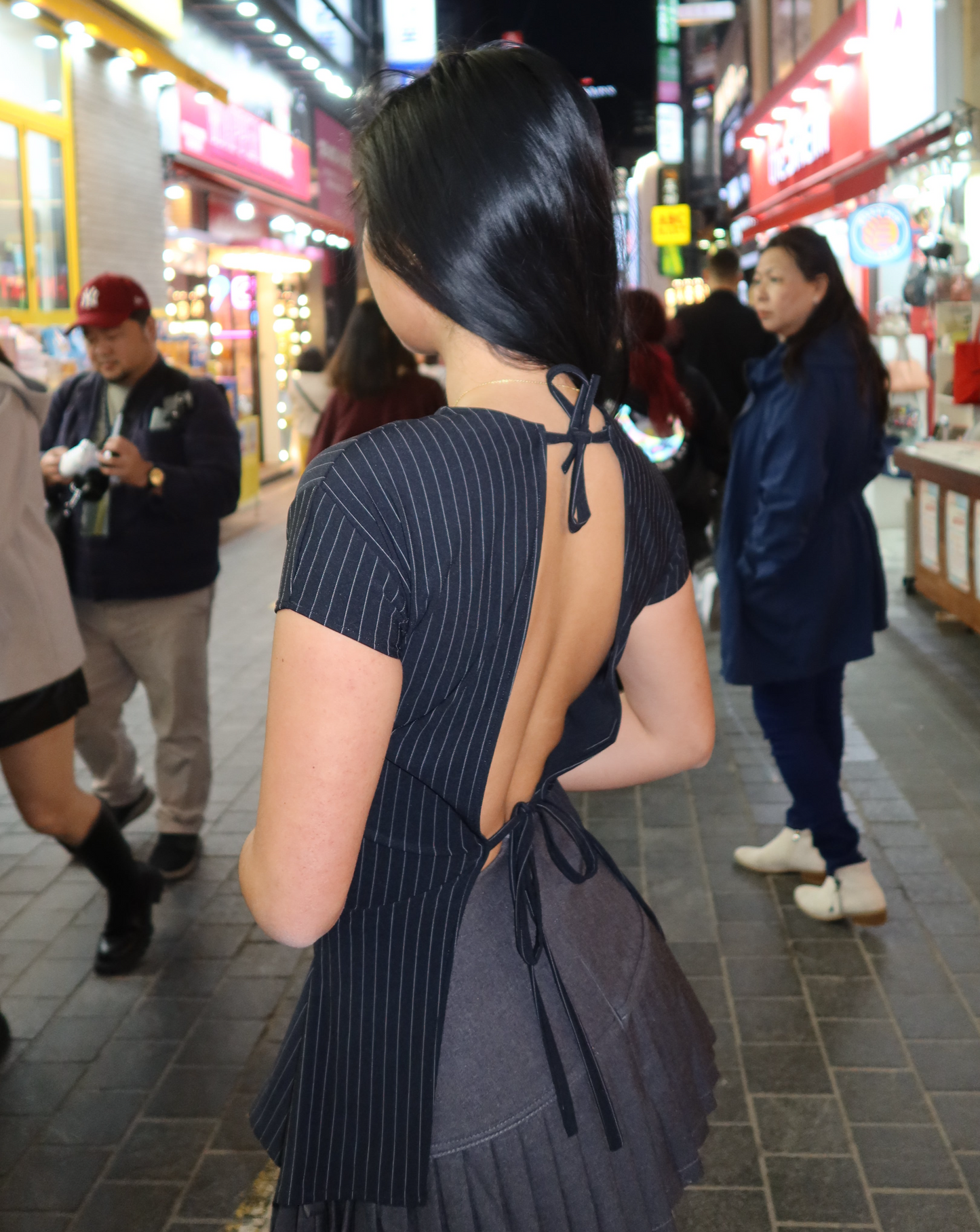 Back view of pinstripe self tie, open back, handmade top.