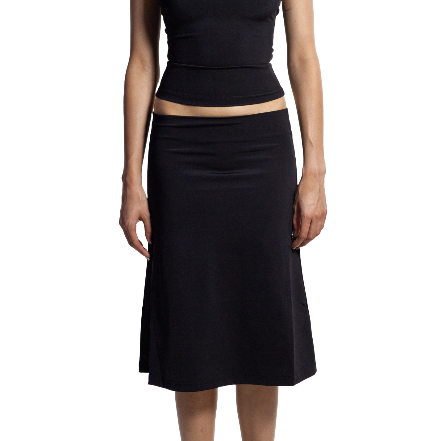 front view of jet black midi knee-length skirt