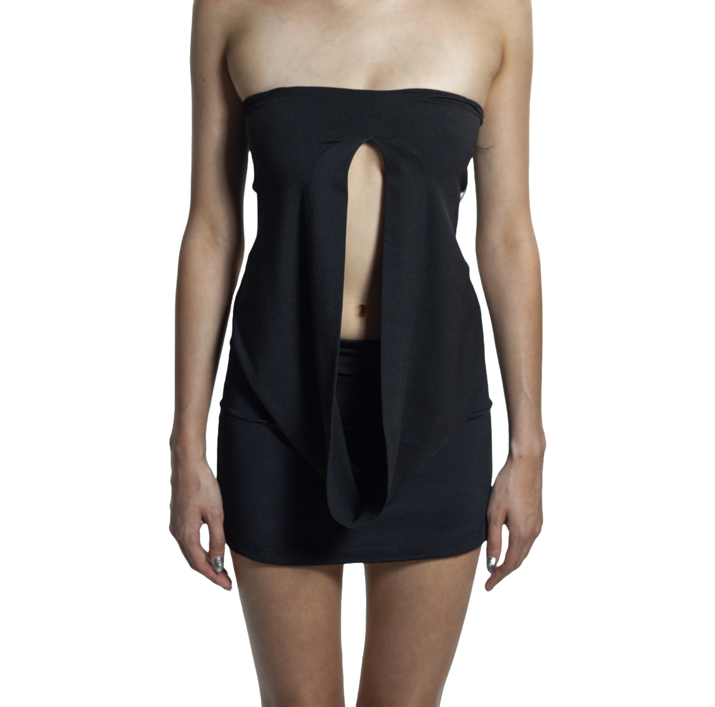 Black open front draped strapless top paired with black low waist mini skirt