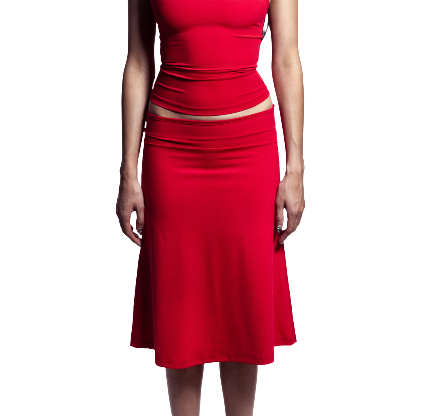 Front view of barbados red midi knee-length skirt